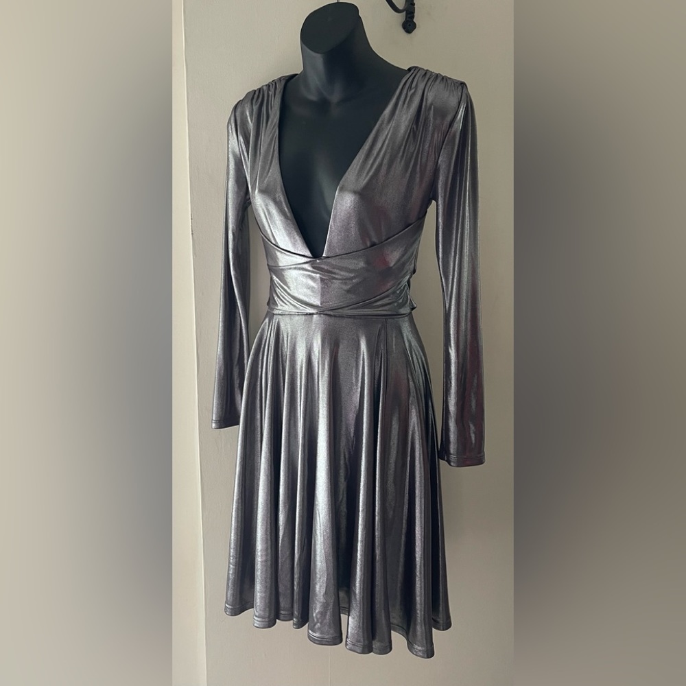 Halston Heritage Gunmetal Silver Draped Dress Size Xs